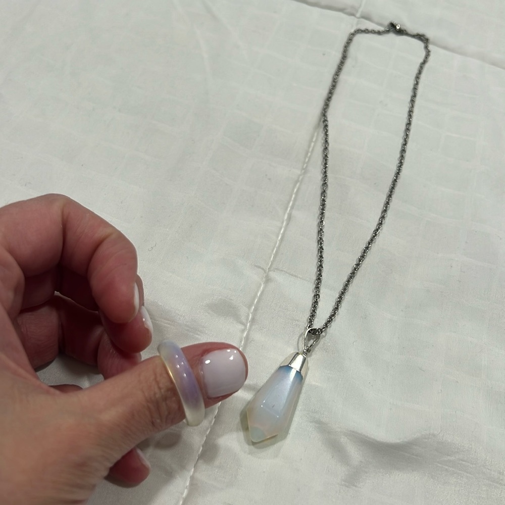 Milky white stone necklace and matching ring